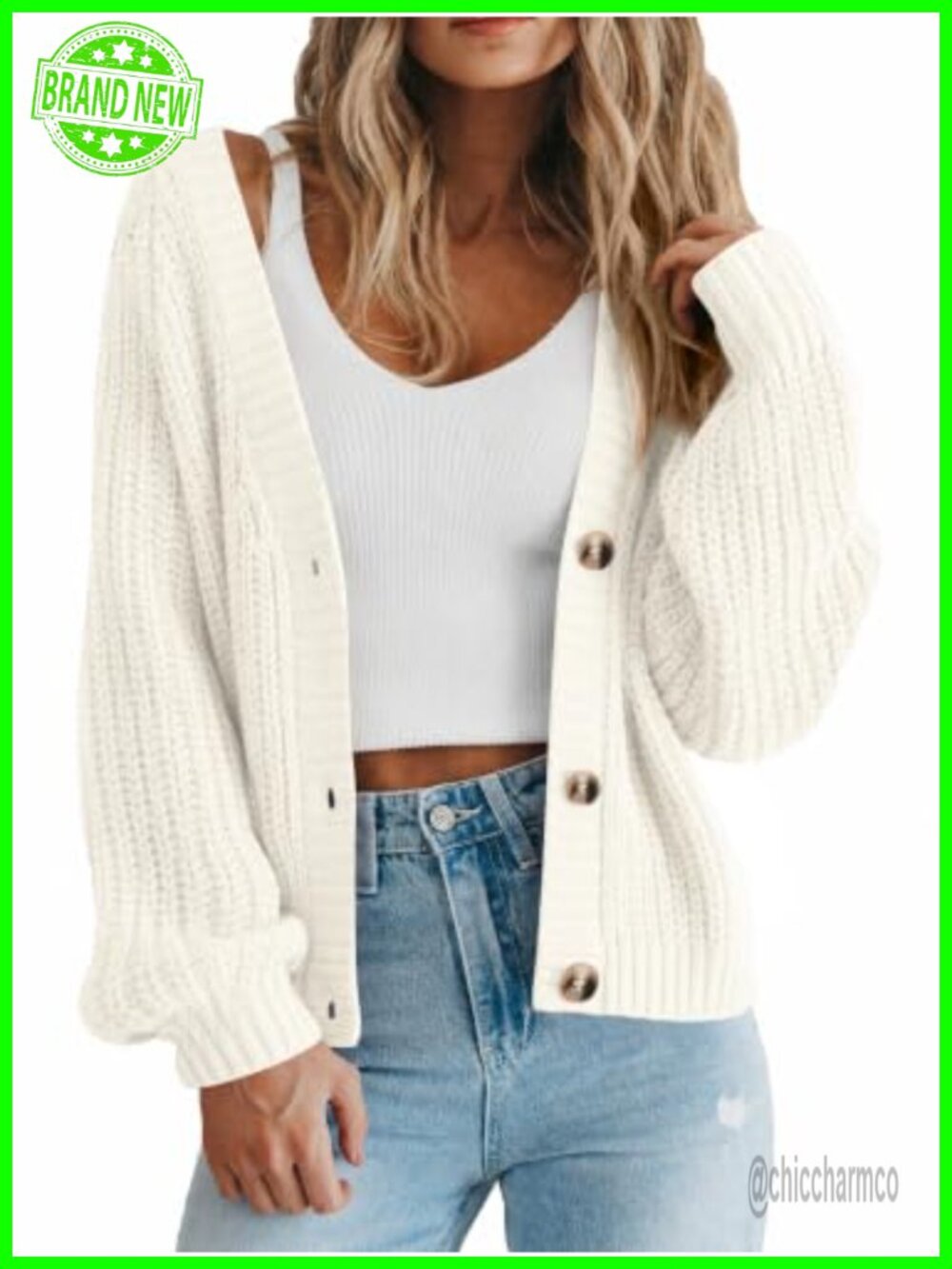 Chunky Knit Open Front Cardigan Sweater V-Neck Button Casual Fall Winter